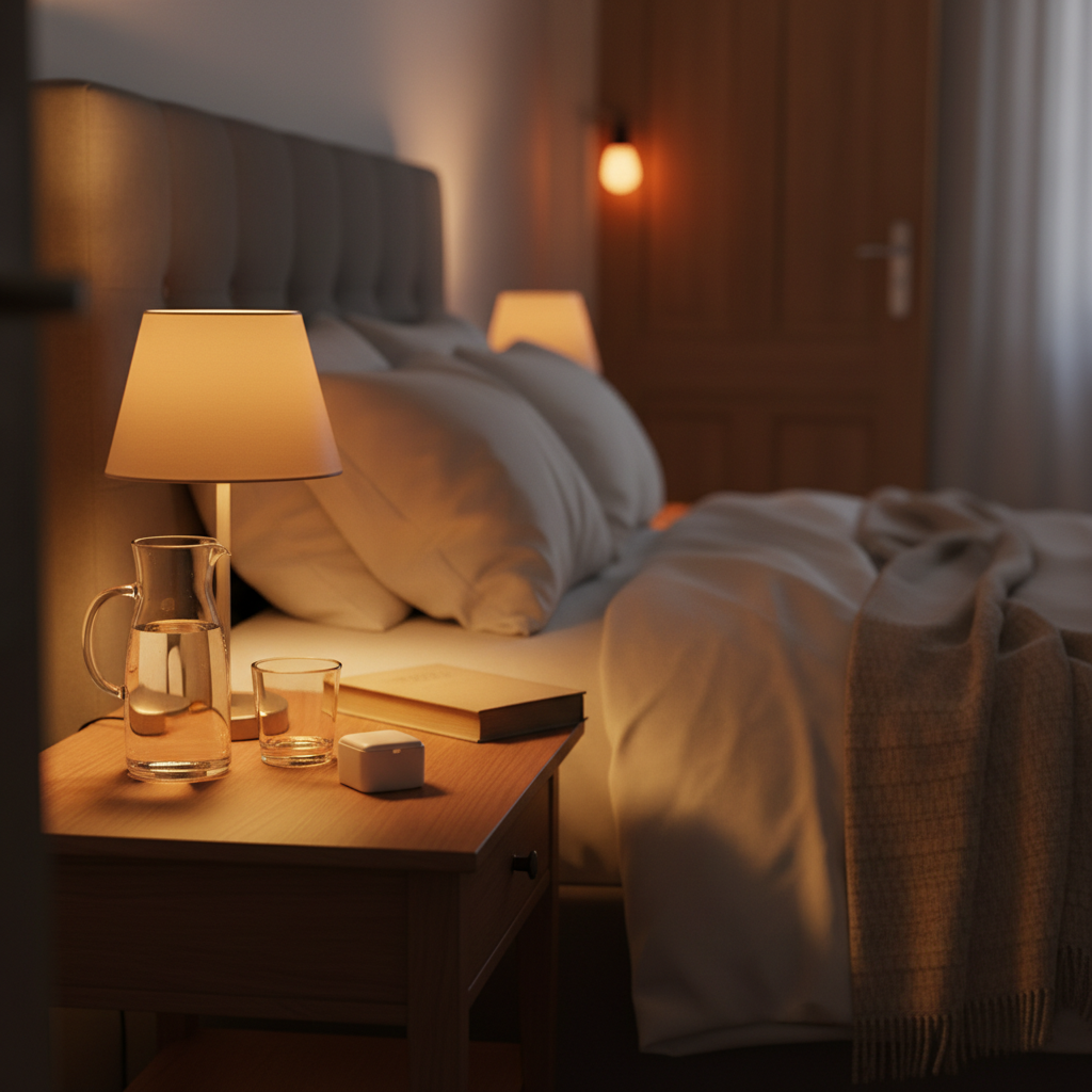 A peaceful bedroom evening scene showing a bedside table arranged for nightly care: a carafe and glass of water, a reading lamp casting a warm pool of light, a closed book, and a small, non-branded pillbox arranged with care. The bed, with neutral-colored linens and a textured throw, is turned down invitingly. In the dim background, a discreet night-light glows near a door, suggesting safe nighttime mobility without appearing clinical. Photographic realism with a shallow depth of field focuses attention on the bedside table, while soft, golden light creates an intimate, secure atmosphere. The overall mood is respectful and reassuring, illustrating dignified support with medication and evening routines in the client’s familiar home environment.