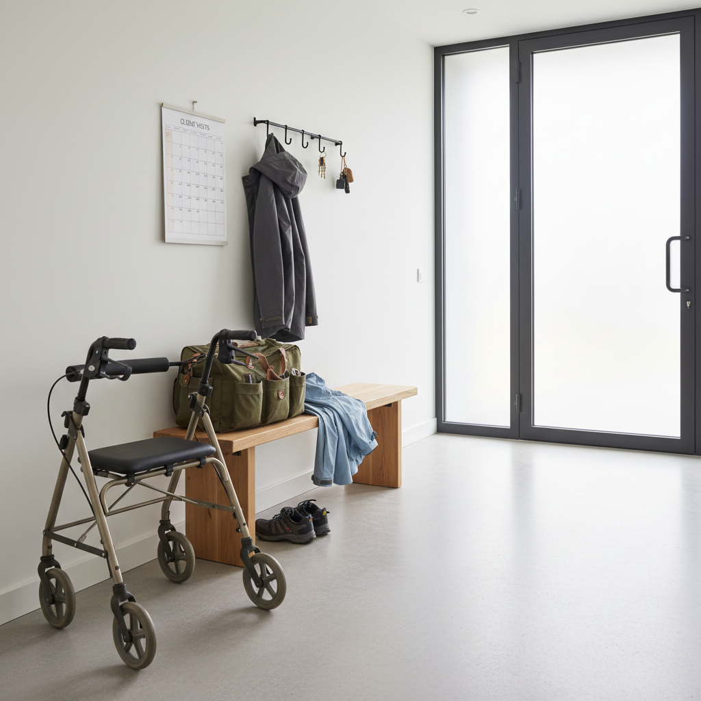 A modern hallway entrance of a private home, with a sturdy, neutral-colored walking aid carefully parked beside a simple wooden bench. On the bench sits a closed, non-branded care bag, neatly packed, with a folded light jacket and a pair of comfortable outdoor shoes placed underneath. A coat rack holds a simple raincoat, while a wall-mounted organizer with keys and a calendar suggests reliability and routine. Soft overcast daylight streams in from a frosted glass door, creating a calm, even illumination without harsh contrasts. Captured in photographic realism from an eye-level perspective, the composition emphasizes order, safety, and readiness, conveying the professionalism and punctuality of an ambulant care service arriving at a client’s home.