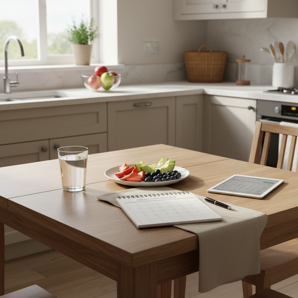 A tidy kitchen scene prepared for household care, showing a clean wooden dining table neatly set with a glass of water, a simple plate of cut fruit, and a folded cloth napkin. Nearby, an open planner and a pen rest on the table, suggesting organized home care scheduling. In the background, counters are free of clutter, with a bowl of fresh apples and a small potted herb plant adding life. Gentle, diffused daylight from a side window casts soft shadows and a welcoming glow over neutral cabinetry. Photographic realism with an eye-level, rule-of-thirds composition creates a serene, everyday atmosphere that conveys discreet, respectful support with household tasks for clients in their own homes.