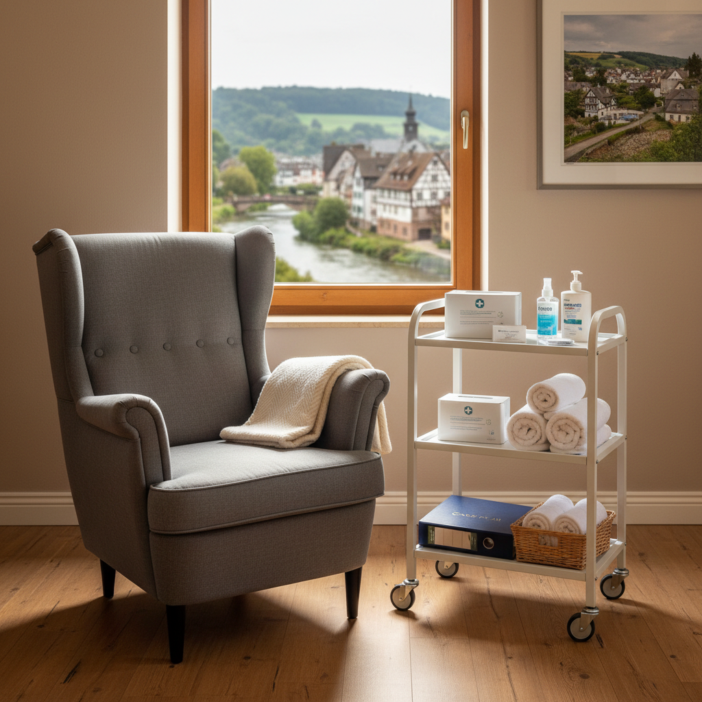 A well-organized home care corner in a cozy living room, featuring a comfortable high-backed armchair with a soft grey fabric texture, a neatly folded wool blanket draped over the arm, and a small rolling care trolley beside it. The trolley holds non-branded medical supplies, fresh towels, and a closed folder symbolizing documentation. In the background, a large window reveals a blurred view of a small German riverside townscape, evoking Linz am Rhein. Soft afternoon natural light creates subtle highlights on wood floors and neutral walls. Shot in photographic realism from a slightly elevated angle with balanced composition, the mood is warm, respectful, and professional, emphasizing dignified home nursing rather than a clinical setting.
